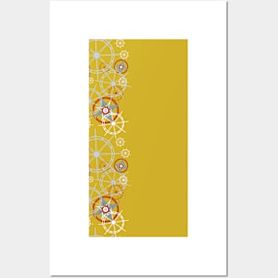 Gears, ships steering wheel, compass rose fun designs on yellow background Posters and Art